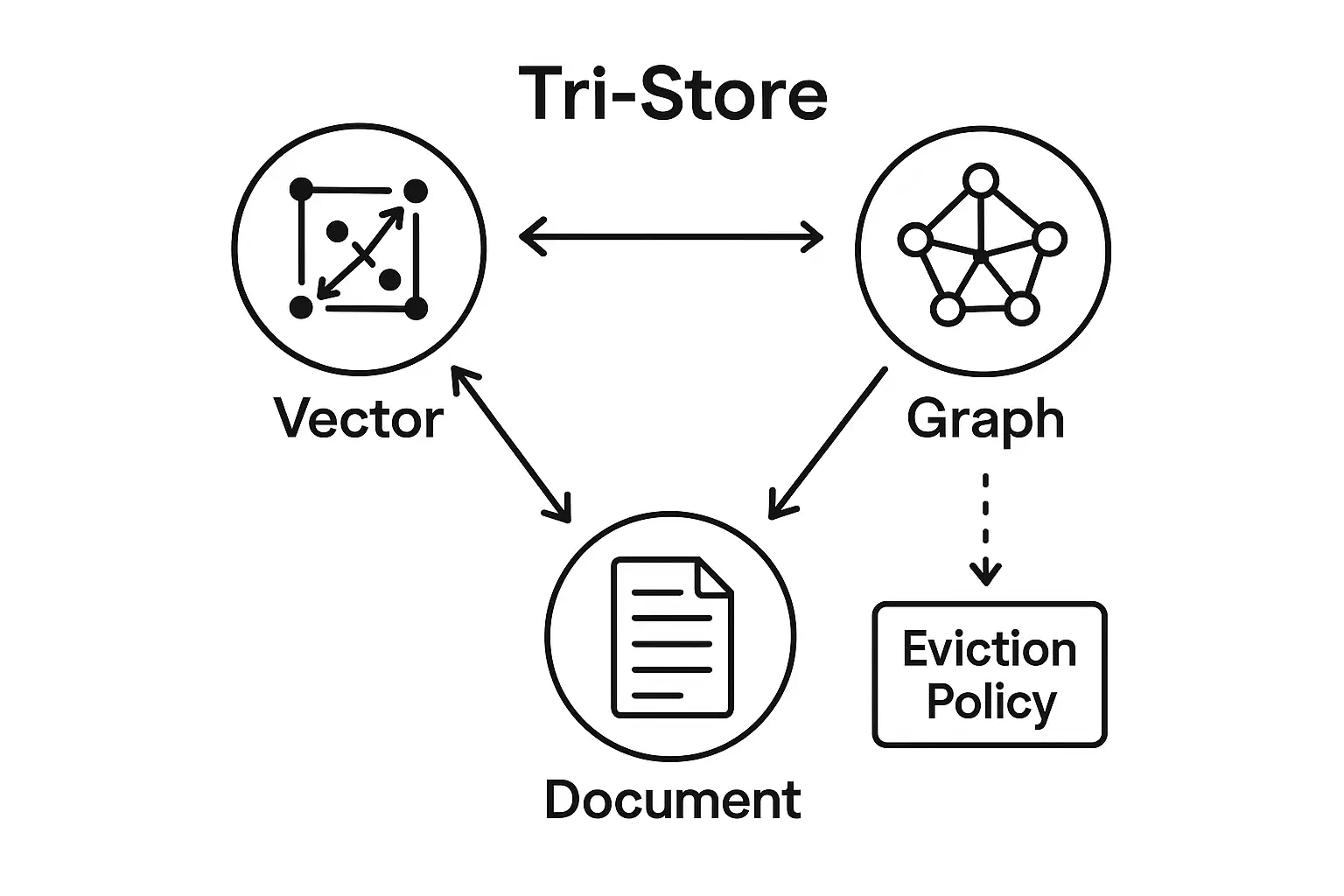 Venn diagram banner showing Vector, Graph, and Document stores with synchronization arrows and an eviction policy panel.