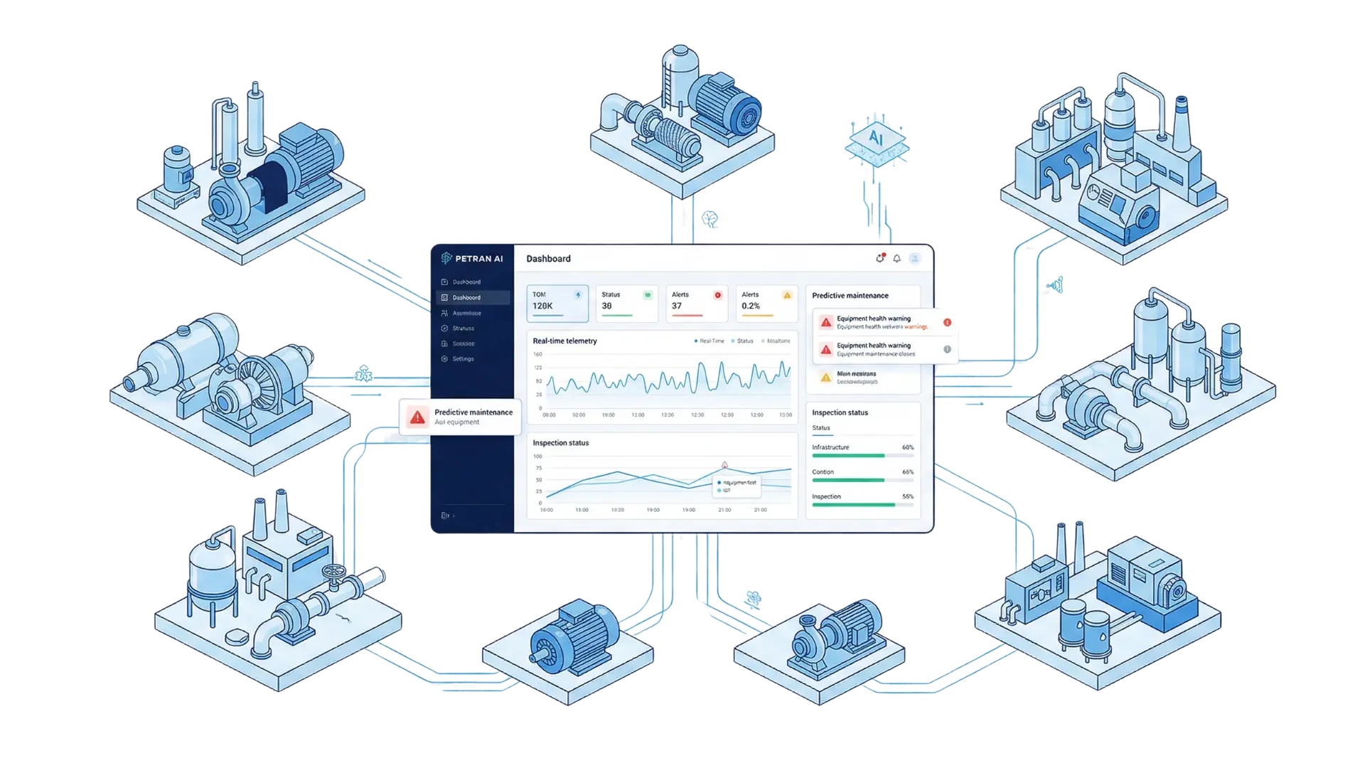 PETRAN AI IoT asset performance management dashboard showing real-time equipment monitoring, predictive maintenance alerts, and infrastructure inspection status across multiple sites