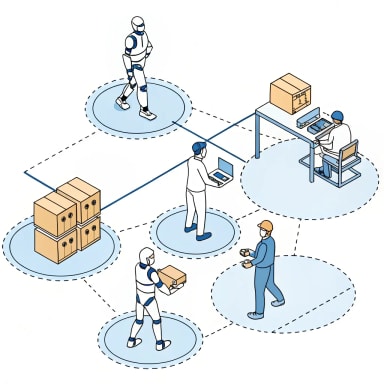 Illustration of autonomous AI agents coordinating workflows across multiple systems, reducing human handoffs and operational delays.