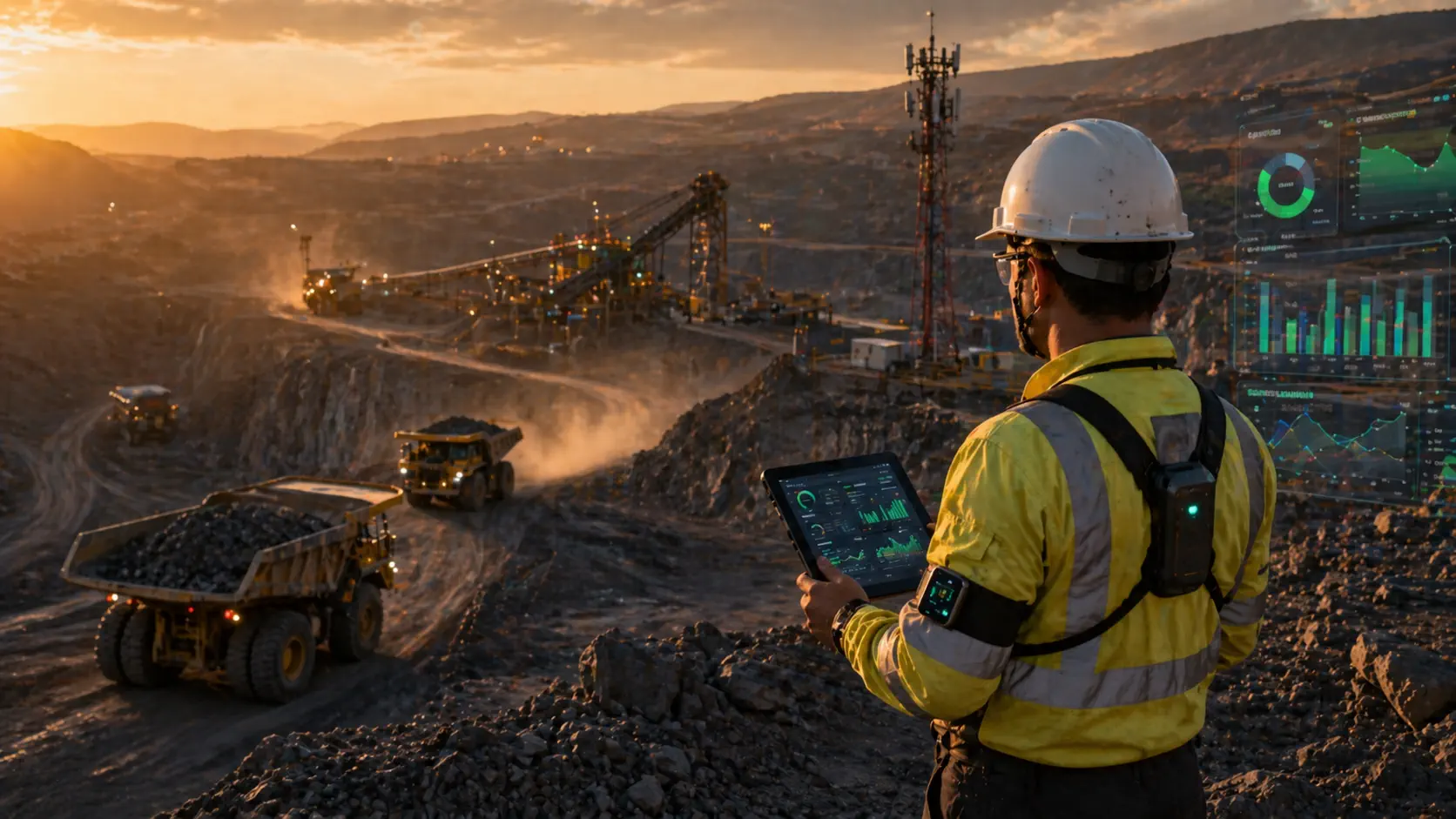 Mining site with heavy equipment monitored using IoT sensors and AI for safety, fuel optimization, and environmental compliance