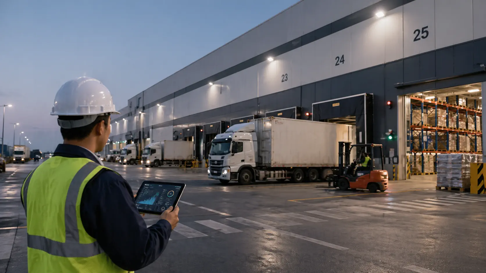 Warehouse with IoT sensors and RTLS tracking forklifts and energy usage for logistics optimization