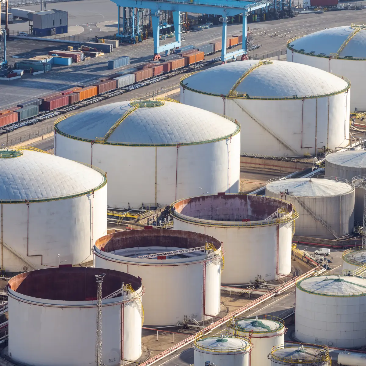 Aerial view of an industrial construction site, showcasing large-scale infrastructure where AI inspections detect corrosion, structural issues, and safety hazards.