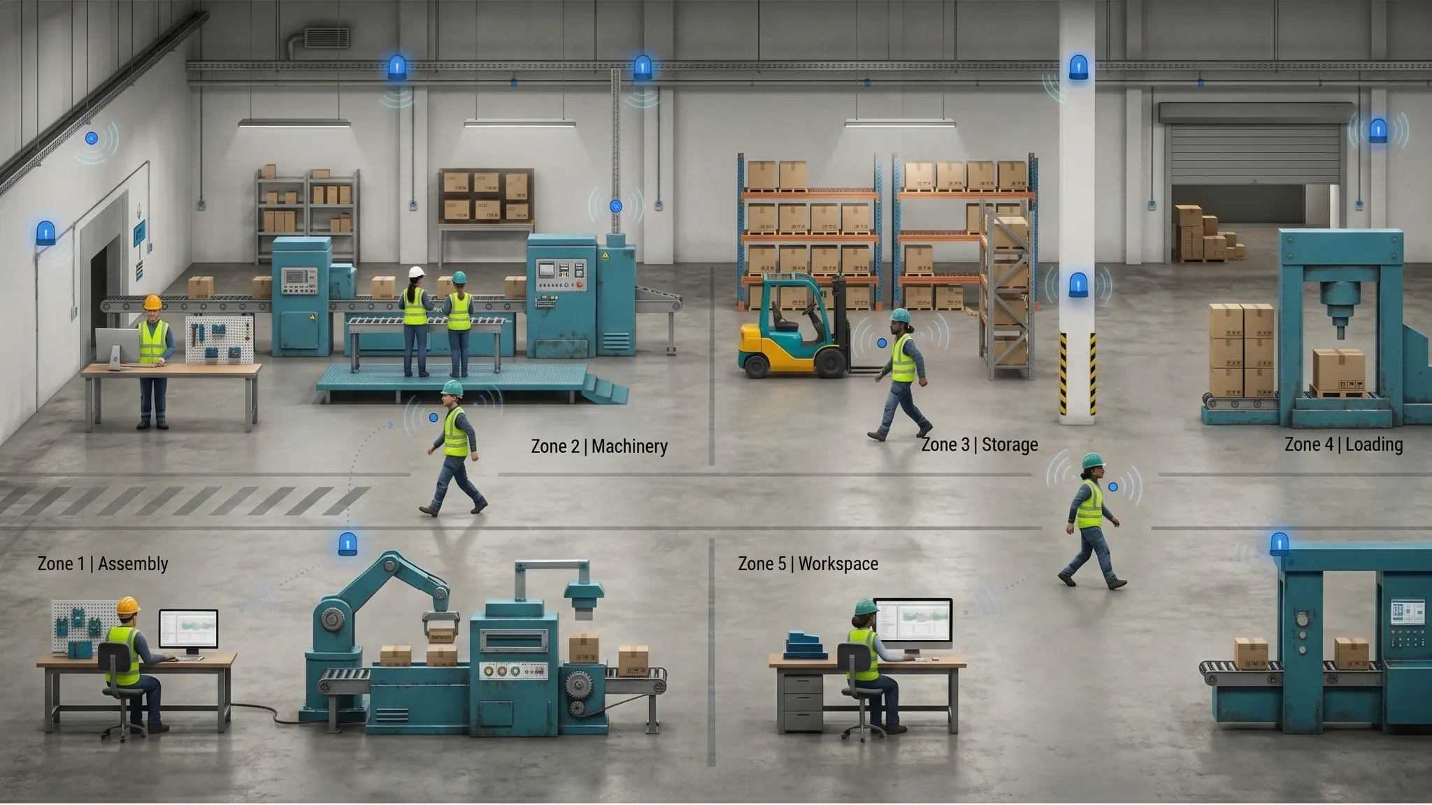 Bluetooth Low Energy beacons installed in industrial facility for worker zone tracking and safety monitoring