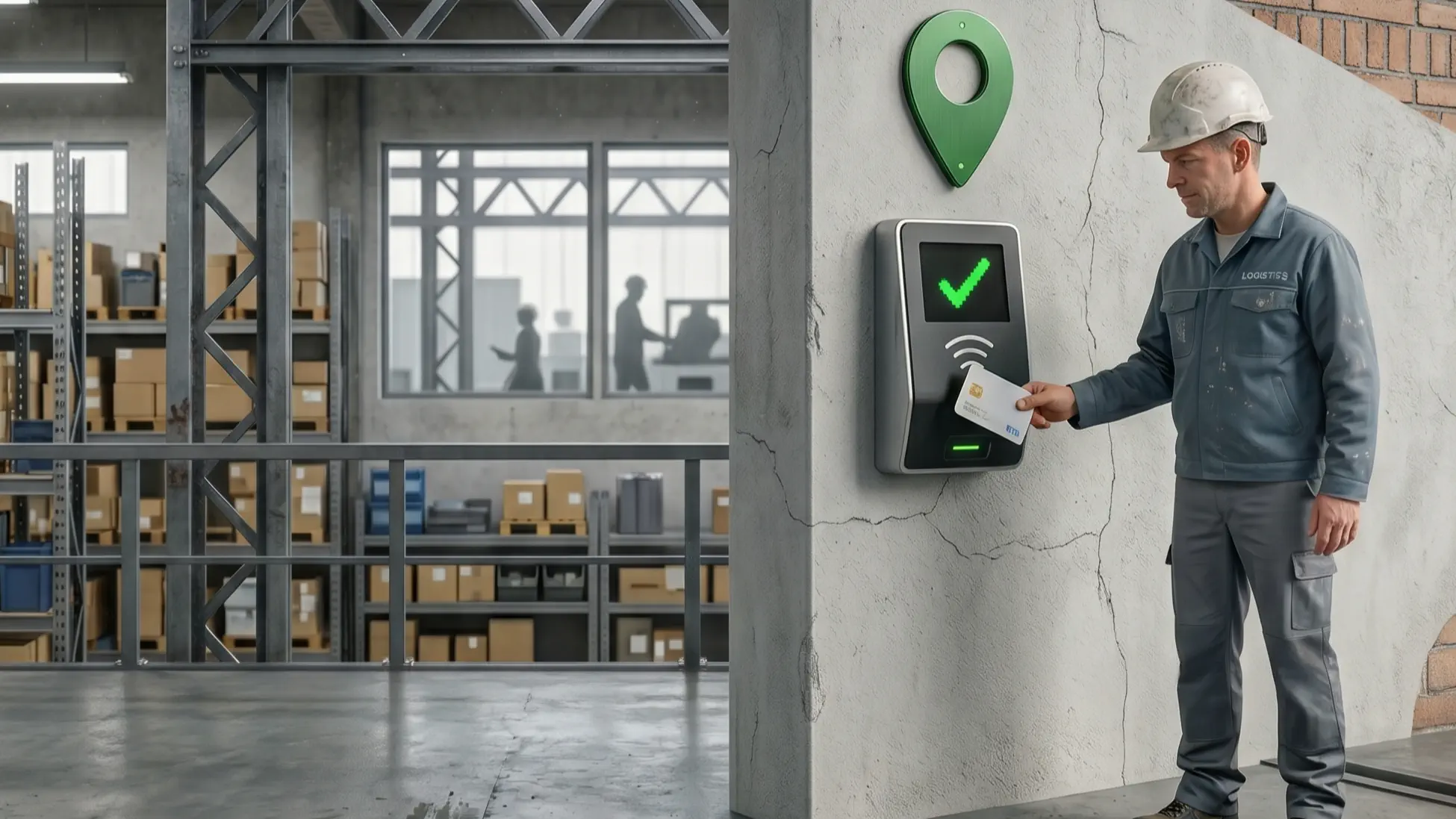 Worker tapping RFID or NFC checkpoint device for safety compliance and patrol verification