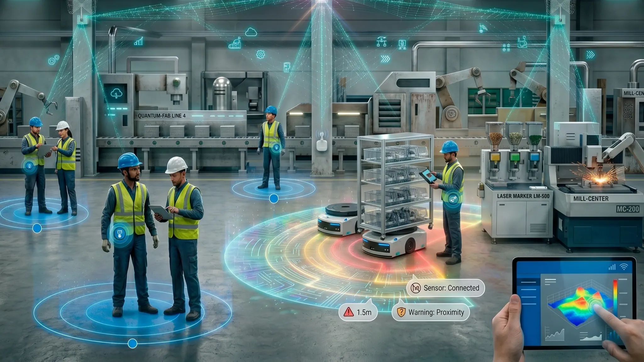 Industrial worker wearing UWB safety tag with real-time high-precision location tracking in factory environment