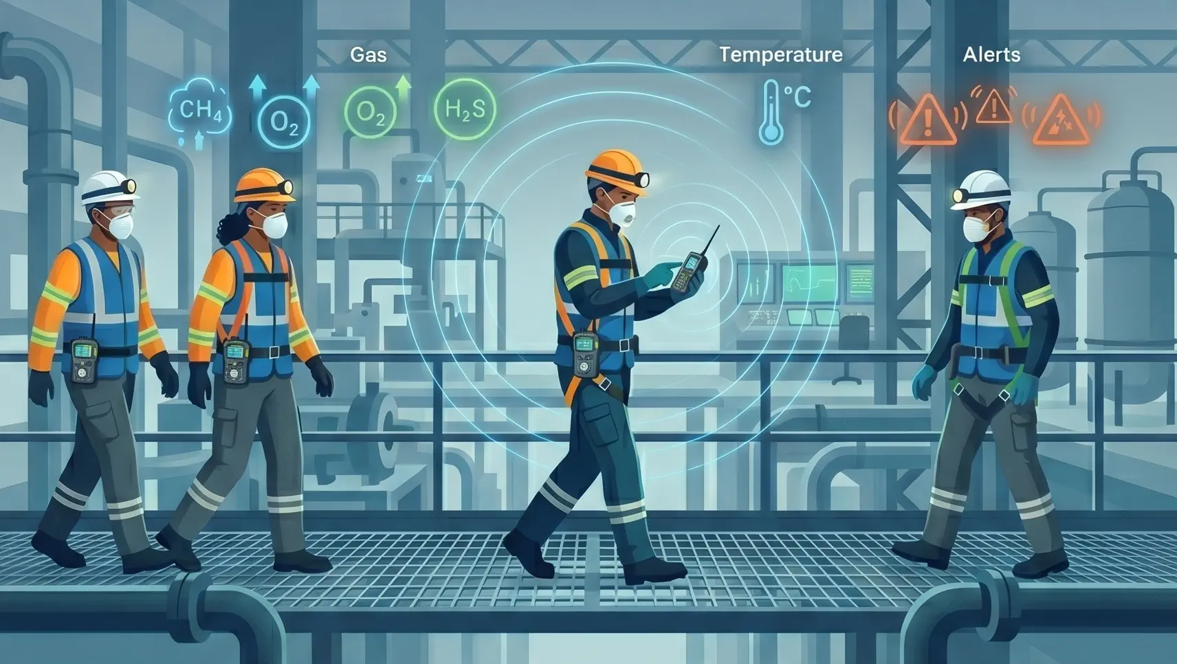 Worker wearing portable gas detector measuring oxygen, H2S, and CO levels in hazardous industrial environment