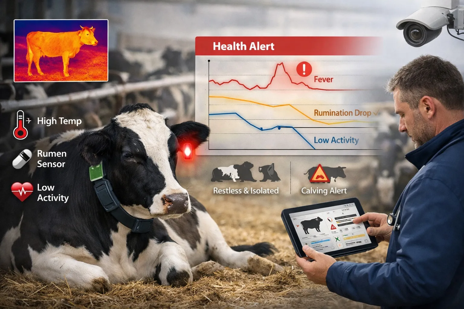 Livestock health monitoring with sensors tracking temperature and activity