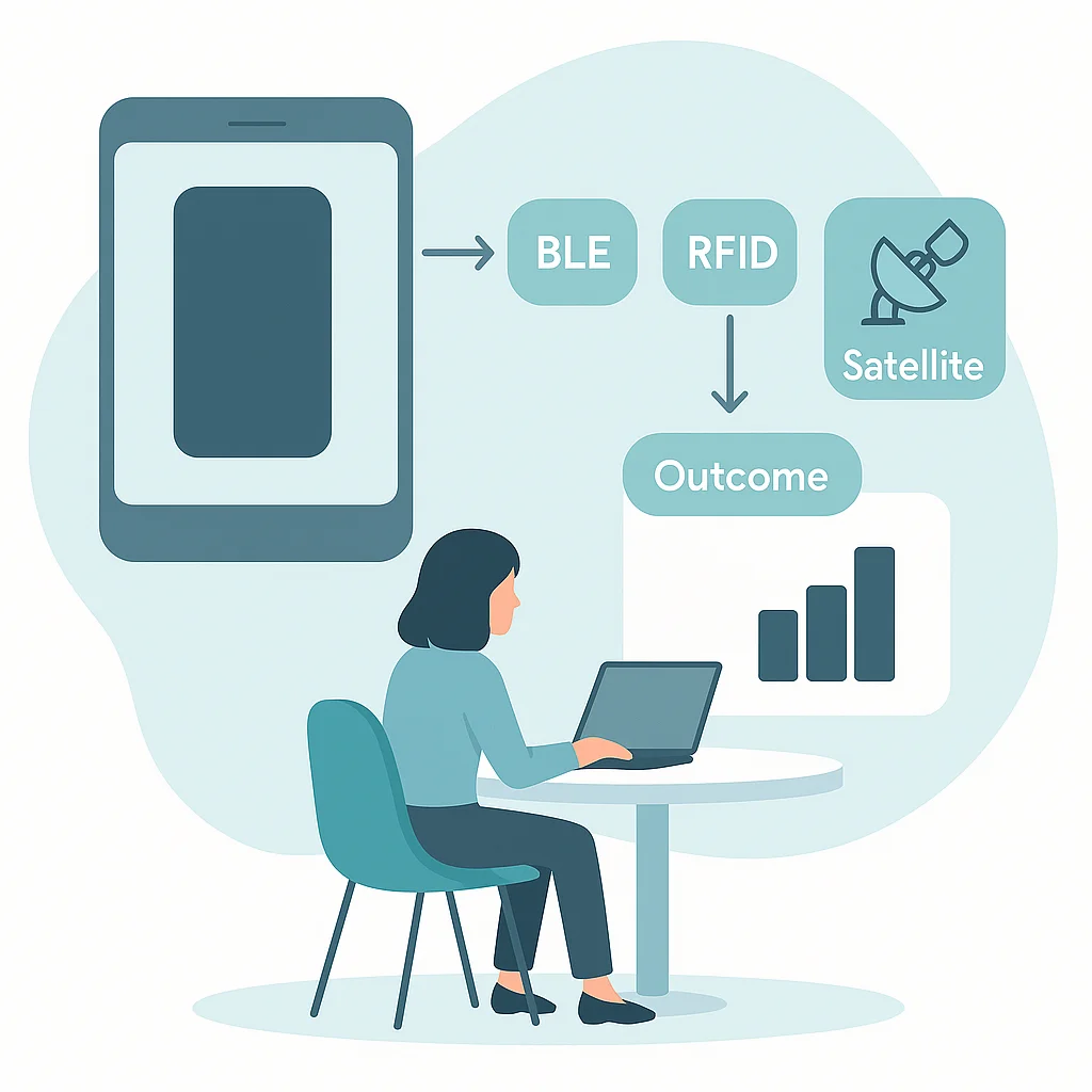 Comparison view of smartphone, BLE/RFID, and satellite device options for varying risk environments.