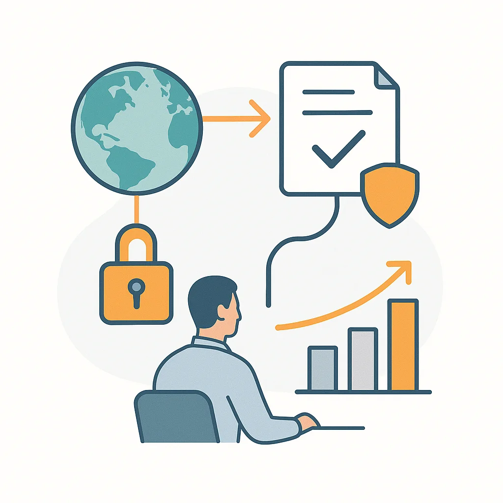 Enterprise rollout overview with regional access controls, approvals, and governance settings.
