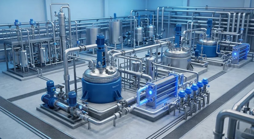 Engineer inspecting chemical processing equipment with PETRAN AI predictive maintenance