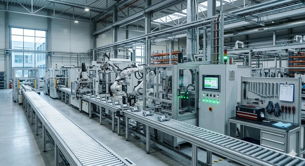 Efficient conveyor assembly line representing improved asset availability and overall equipment effectiveness (OEE)