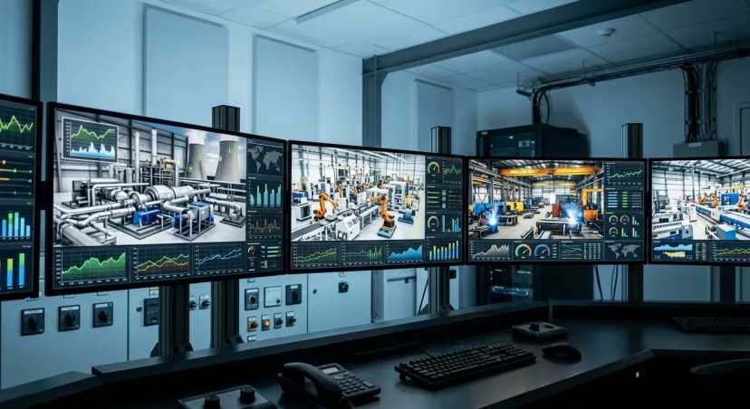 Industrial control room monitoring equipment with PETRAN AI predictive maintenance