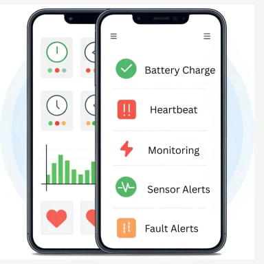Image of device health monitoring system displaying battery charge status, sensor heartbeat signals, and fault detection alerts