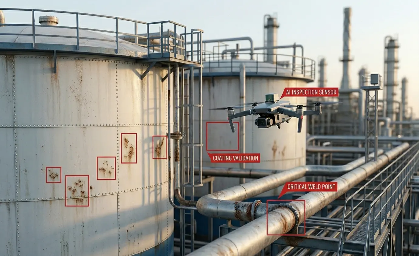 Drone capturing video of oil and gas storage tanks for AI inspection.