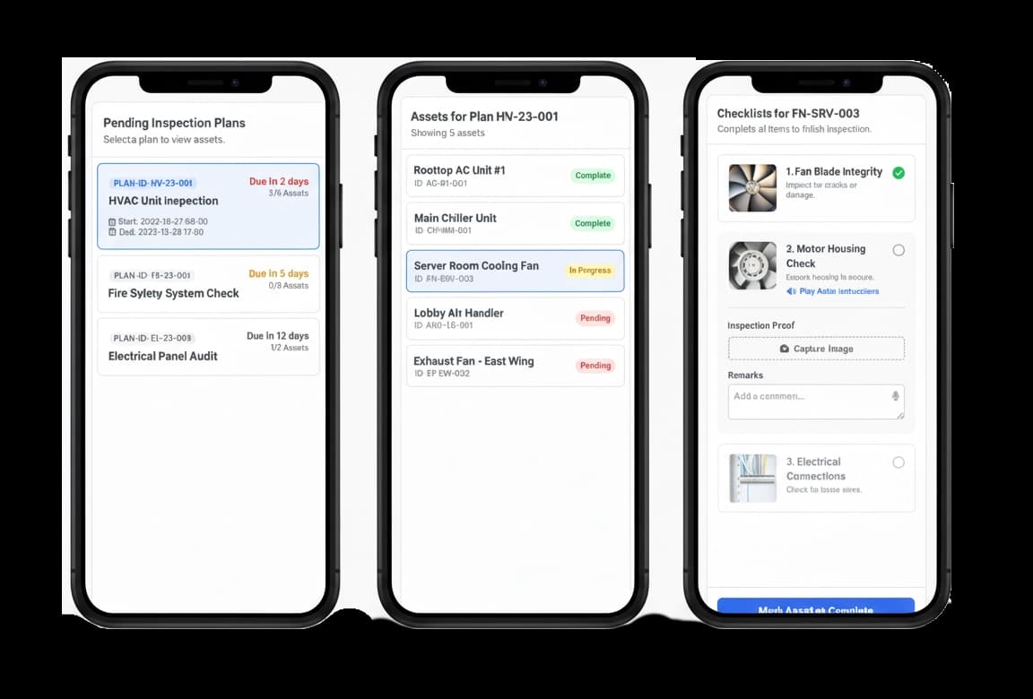 Mobile AI Inspection app showing field inspection plans, asset management, and guided inspection workflows for industrial operation