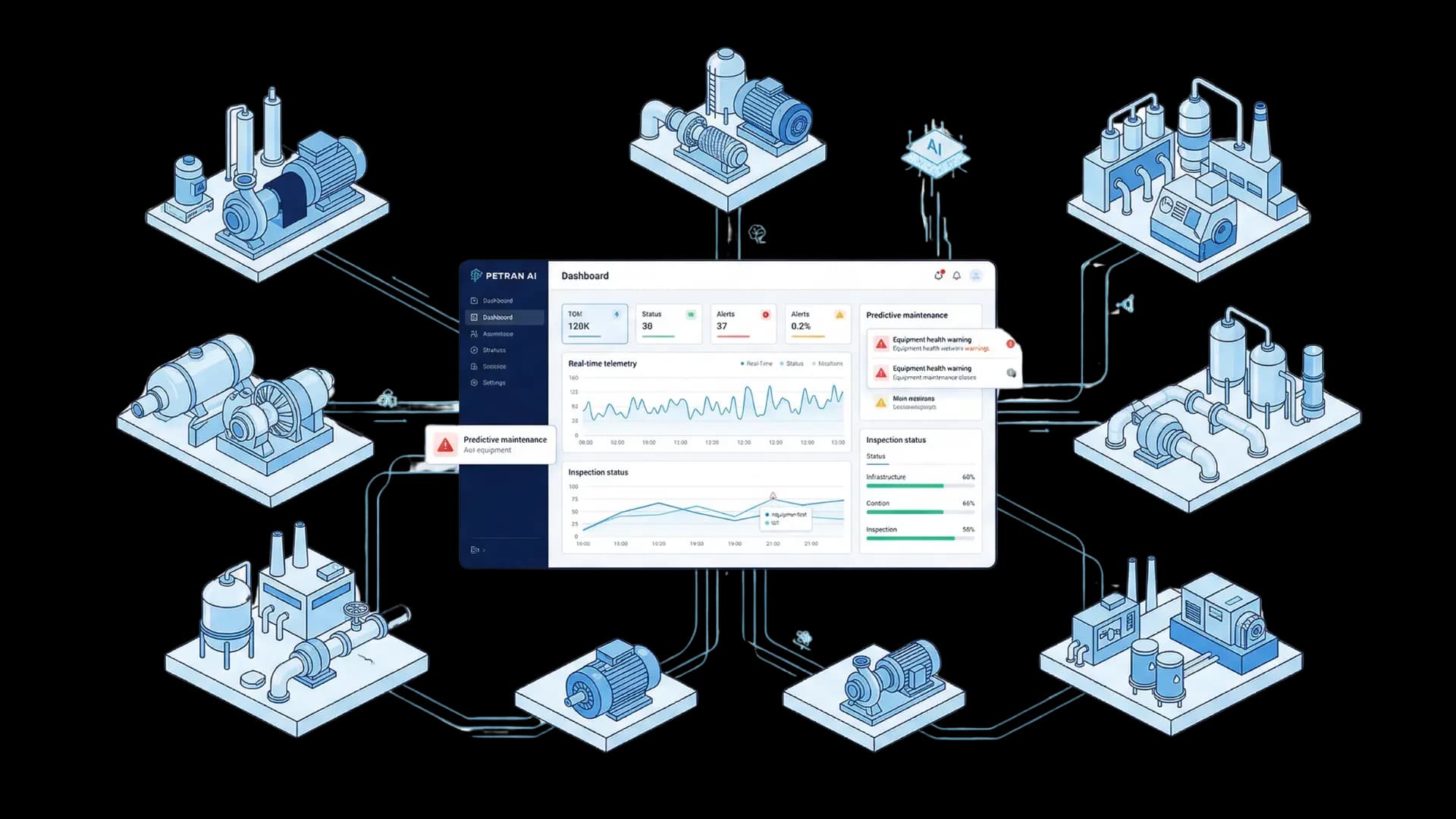 PETRAN AI IoT asset performance management dashboard showing real-time equipment monitoring, predictive maintenance alerts, and infrastructure inspection status across multiple sites