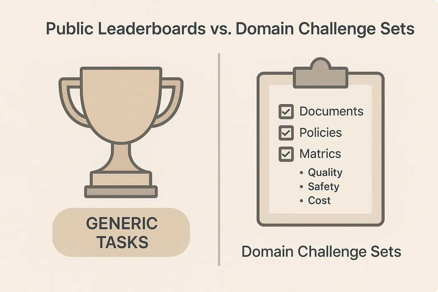 Image comparing public leaderboards and domain challenge sets with trophy and checklist icons.