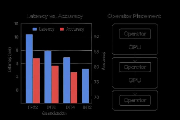 Bar chart showing latency versus accuracy for different quantization levels, alongside a diagram of operator placement across CPU, GPU, and NPU.
