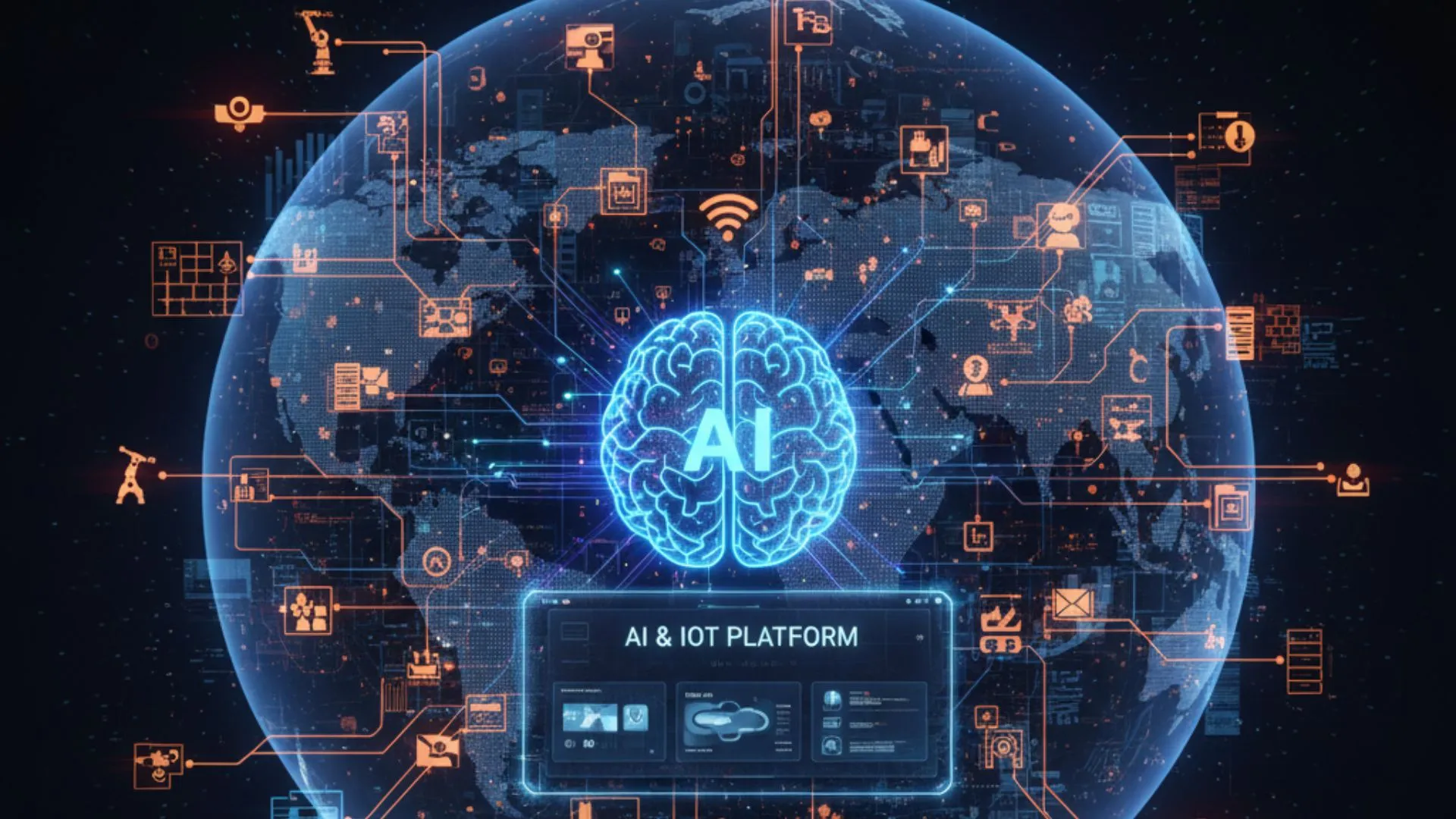Illustration of an AI and IoT enterprise platform integrating multiple devices and systems to provide real-time insights, predictive analytics, and unified monitoring of assets, workers, and facilities