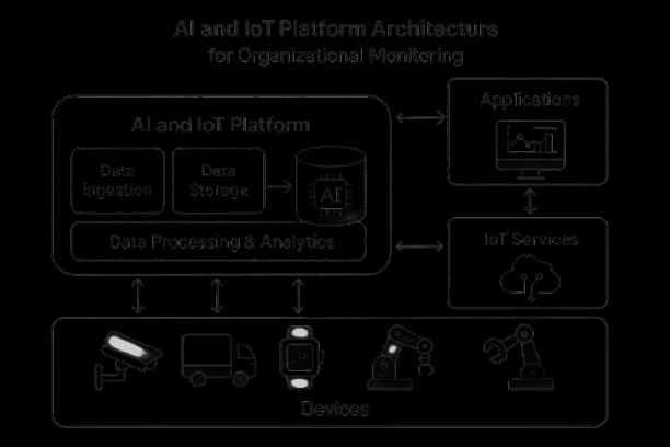 Illustration of an AI and IoT enterprise platform integrating multiple devices and systems to provide real-time insights, predictive analytics, and unified monitoring of assets, workers, and facilities