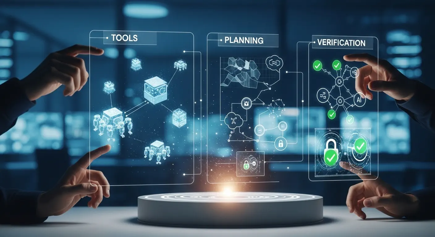 Banner of the future of bespoke AI agents highlighting tools, planning, and verification processes.