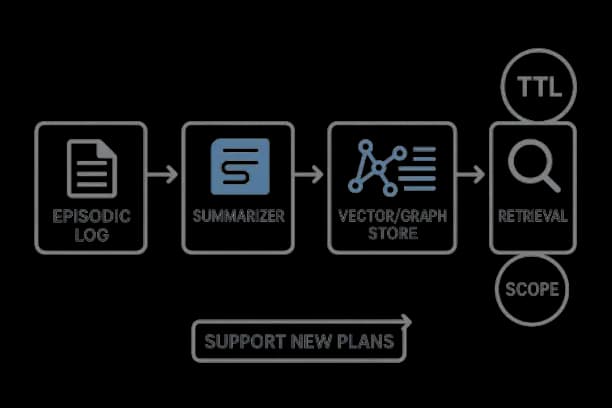 Diagram showing data flow from episodic log to summarizer to vector/graph store to retrieval for new plans, with TTL and scope badges.