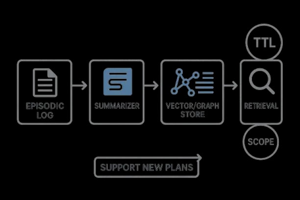 Diagram showing data flow from episodic log to summarizer to vector/graph store to retrieval for new plans, with TTL and scope badges.