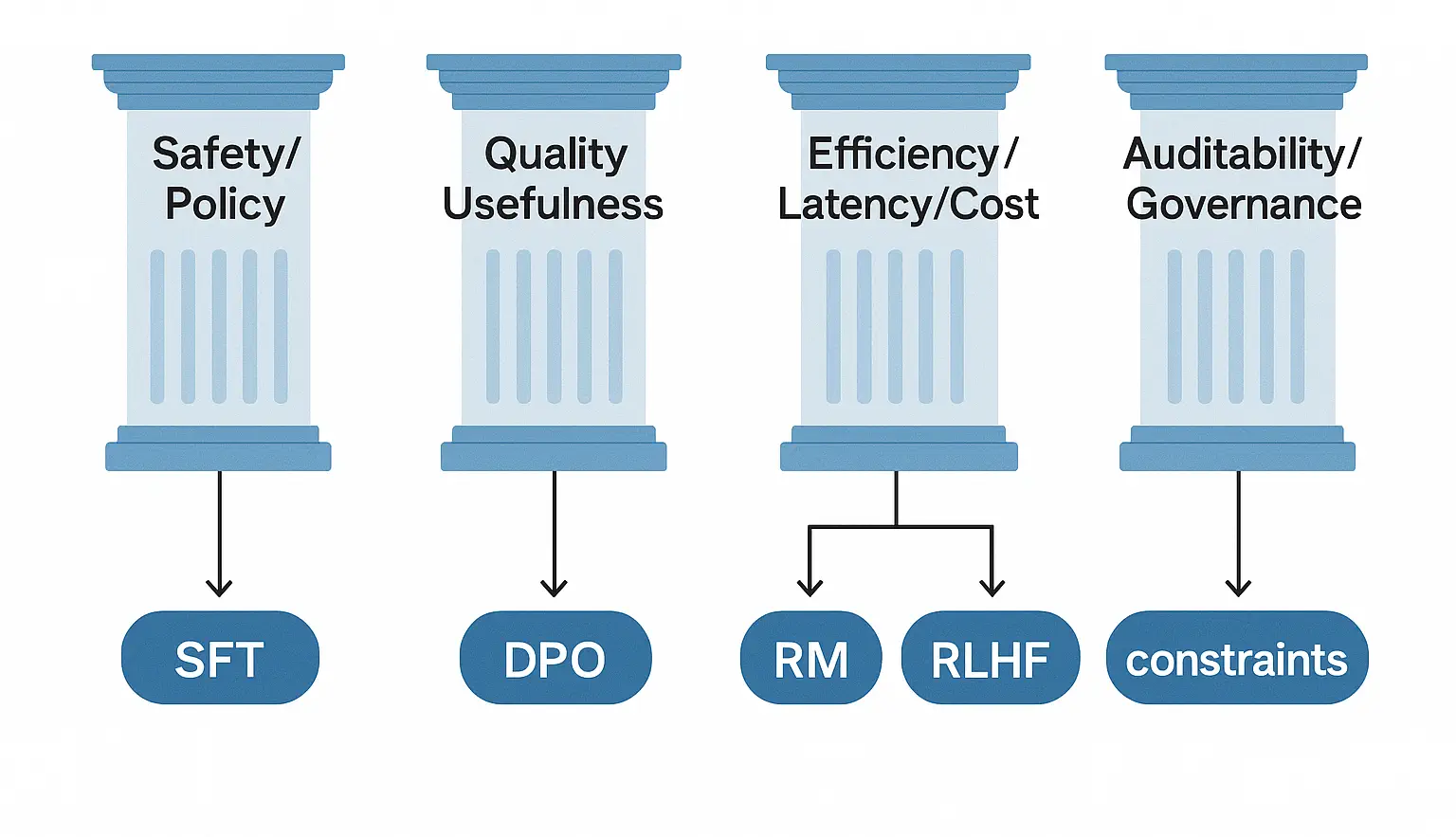 Infographic showing four pillars of enterprise AI alignment Safety and Policy, Quality and Usefulness, Efficiency and Latency and Cost, Auditability and Governance each mapped to alignment levers such as SFT, DPO, RM, RLHF, and constraints.