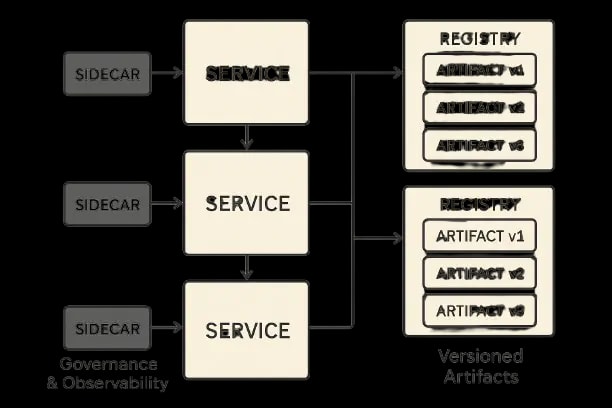 System diagram with service boxes and data flows, sidecars for governance and observability, and registries storing versioned artifacts.