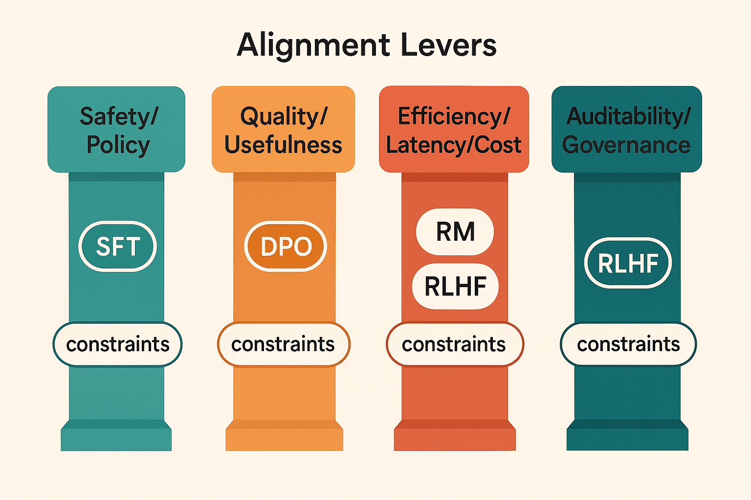 Infographic of four AI alignment pillars—Safety/Policy, Quality/Usefulness, Efficiency/Latency/Cost, and Auditability/Governance—linked to levers like SFT, DPO, RM, RLHF, and constraints.