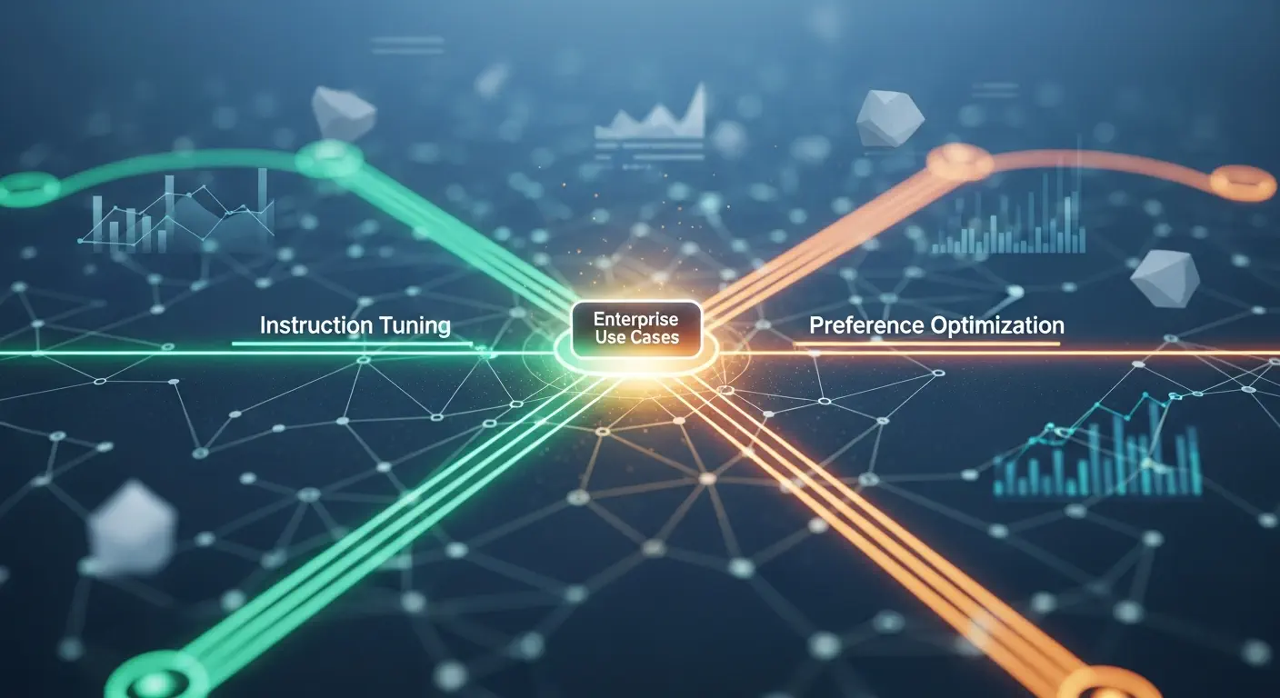 Enterprise AI banner illustrating instruction tuning and preference optimization with visuals of data pipelines, fine-tuned models, and business integration.