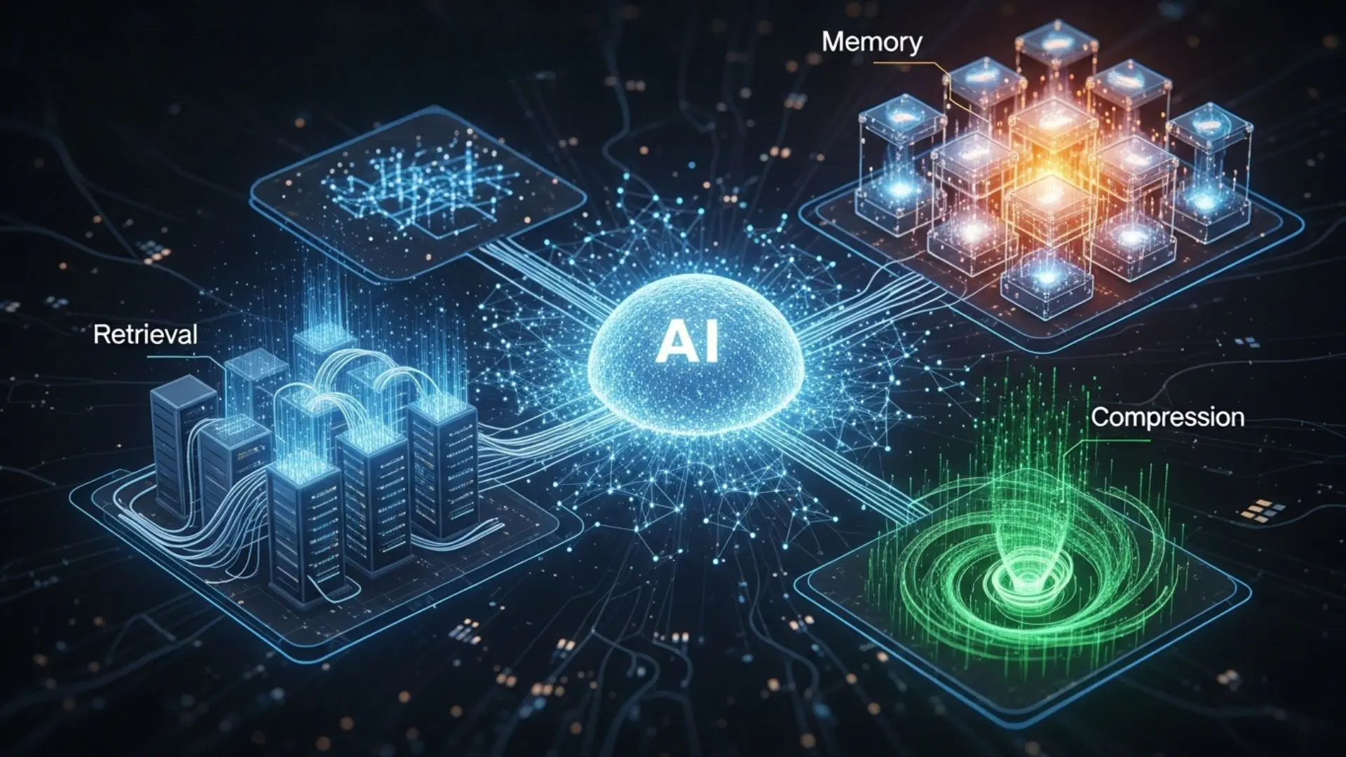 Banner of long-context AI with retrieval, memory, and compression modules.
