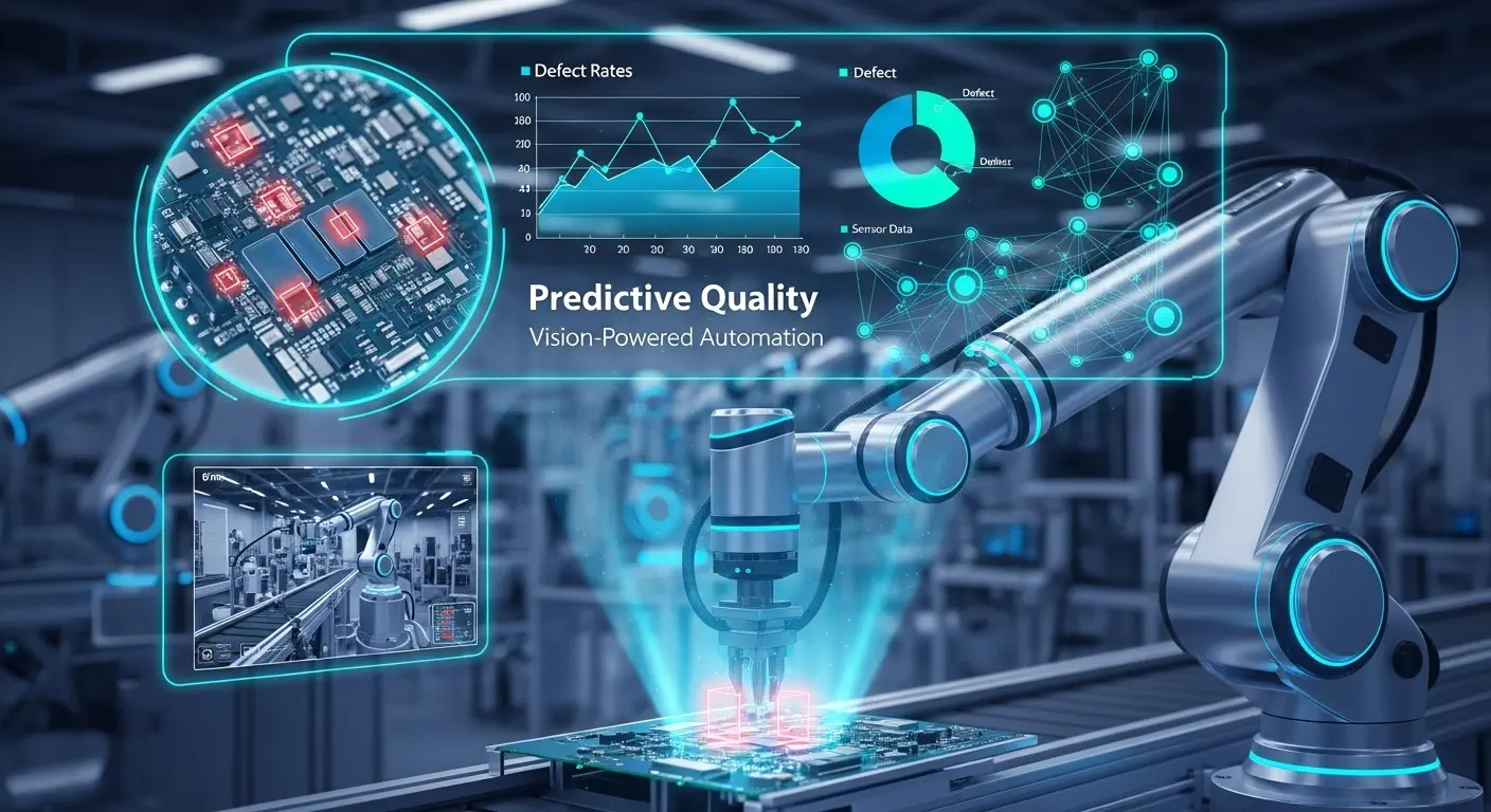 Banner showing Manufacturing AI with predictive quality and vision-powered automation for smarter industrial operations.