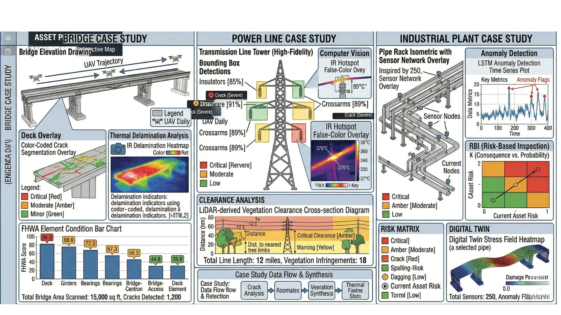 Three AI inspection case studies: bridge deck delamination with drone and IR, power line hotspot and vegetation risk with fixed-wing UAV, and industrial plant SHM with rover inspection