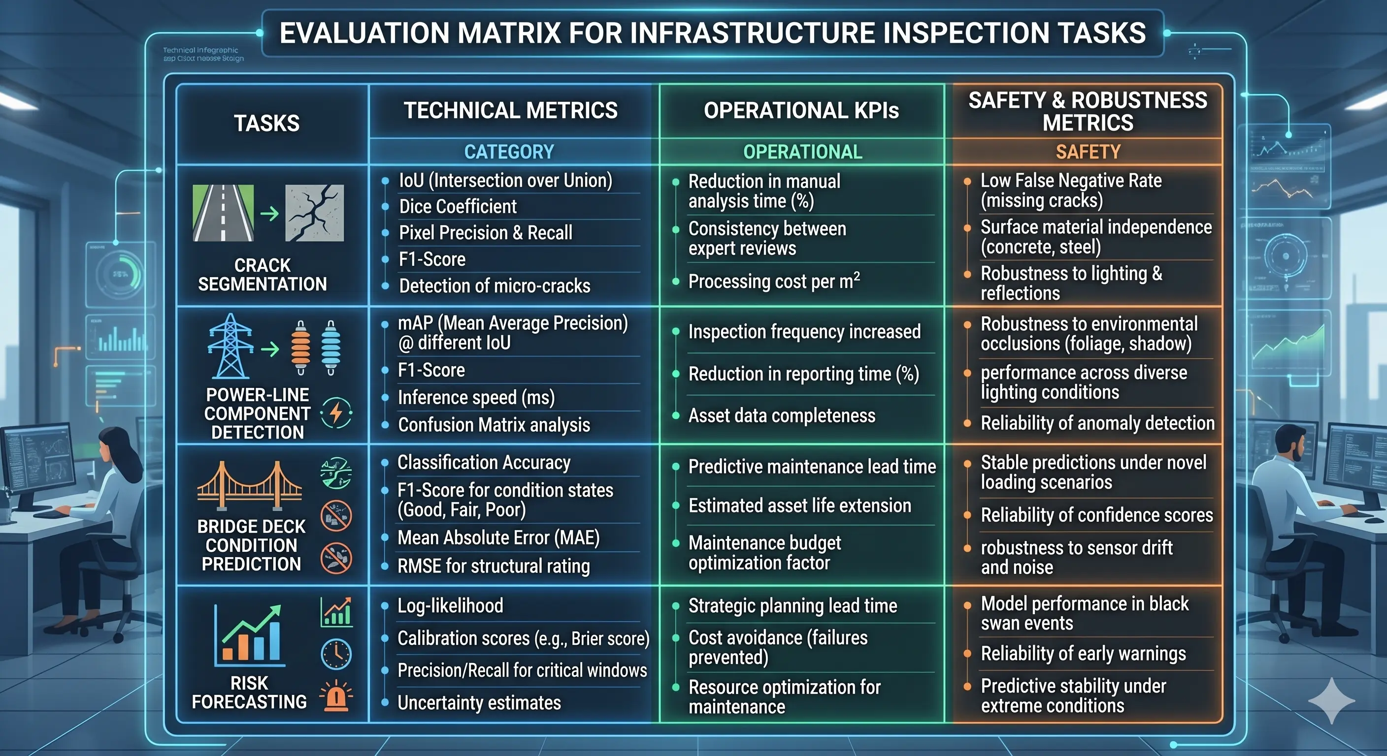 Framework showing model-centric metrics (mAP, IoU, RMSE) and system-centric metrics (inspection time, coverage, cost reduction) for AI inspection.