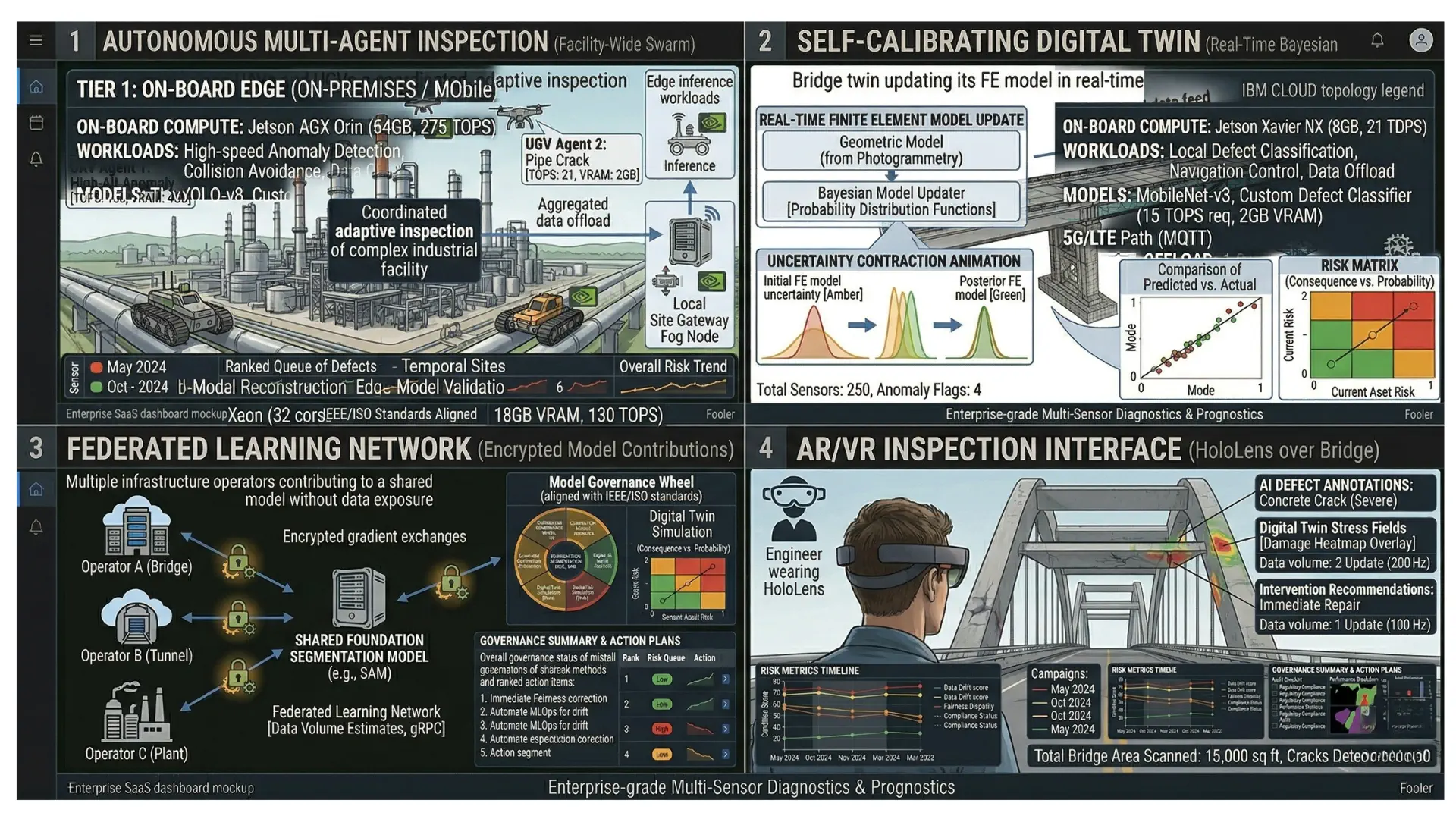 Storyboard of future AI inspection capabilities including self-calibrating digital twins, federated learning, autonomous adaptive UAV missions, and physics-informed causal AI