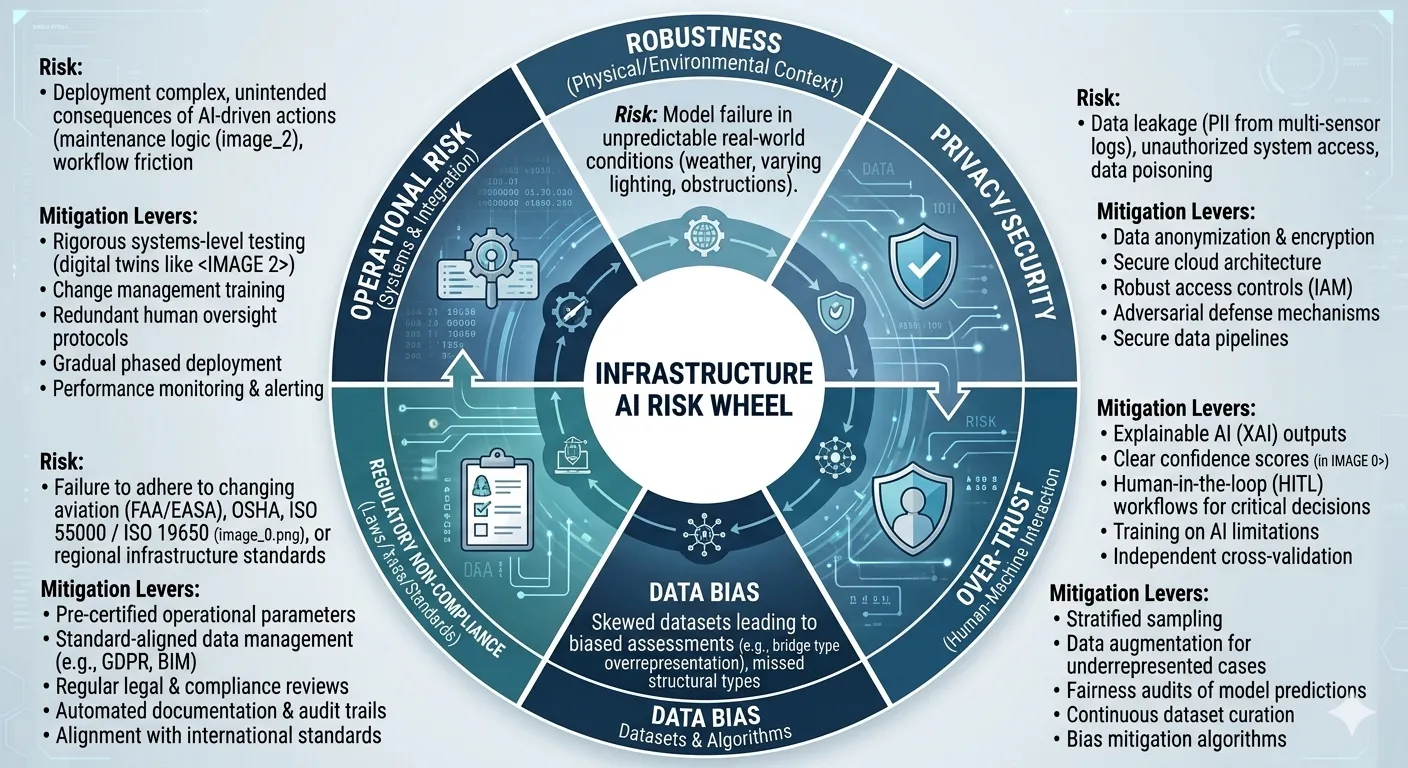 Governance framework covering five responsible AI dimensions: robustness, automation bias mitigation, data security, algorithmic fairness, and audit compliance.