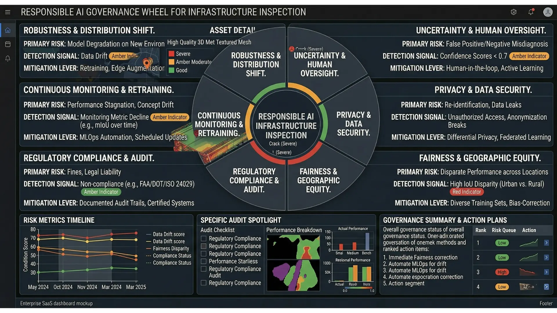 Governance wheel covering five responsible AI dimensions for infrastructure inspection: robustness, automation bias, data security, algorithmic fairness, and audit compliance