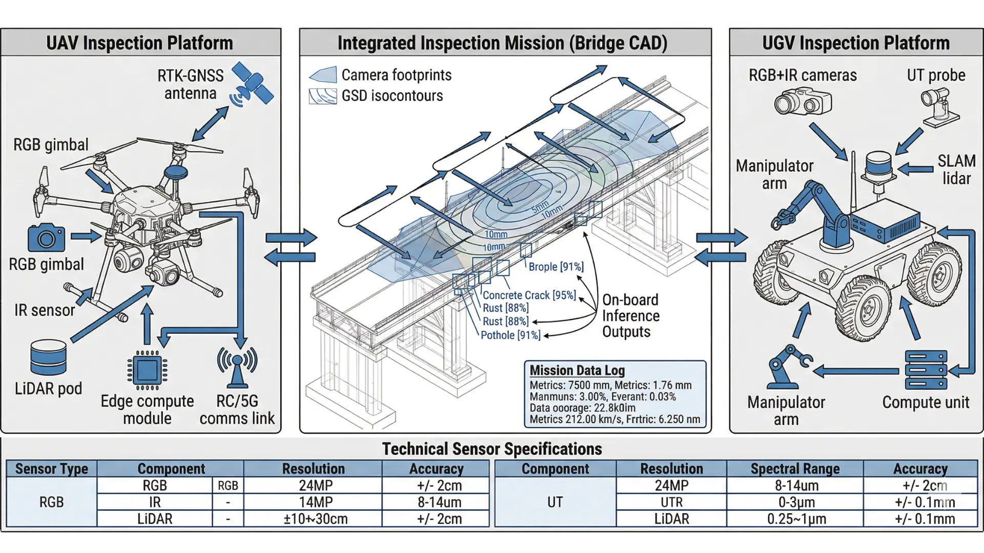 UAV and UGV inspection platform architecture showing multi-sensor payloads, edge AI hardware, RTK-GNSS positioning, and communication interfaces
