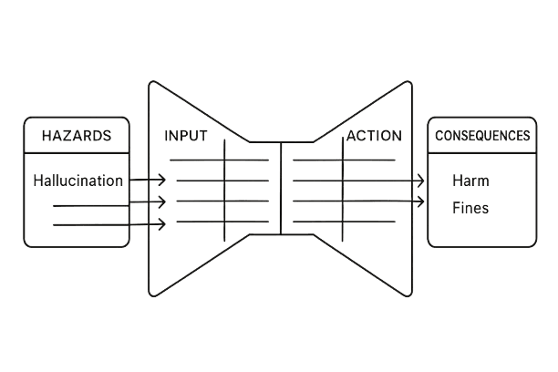 Bow-tie risk diagram showing hazards like hallucination on the left, control categories in the center, and consequences such as harm or fines on the right.