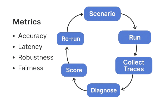 Evaluation loop diagram showing steps: Scenario → Run → Collect Traces → Score → Diagnose → Patch → Re-run, with a side panel listing metrics