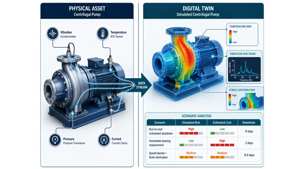 Split-panel diagram comparing a sensor-equipped physical pump or compressor with its digital twin, including simulated condition overlays and a scenario-analysis table evaluating maintenance intervention options by risk, cost, and downtime.