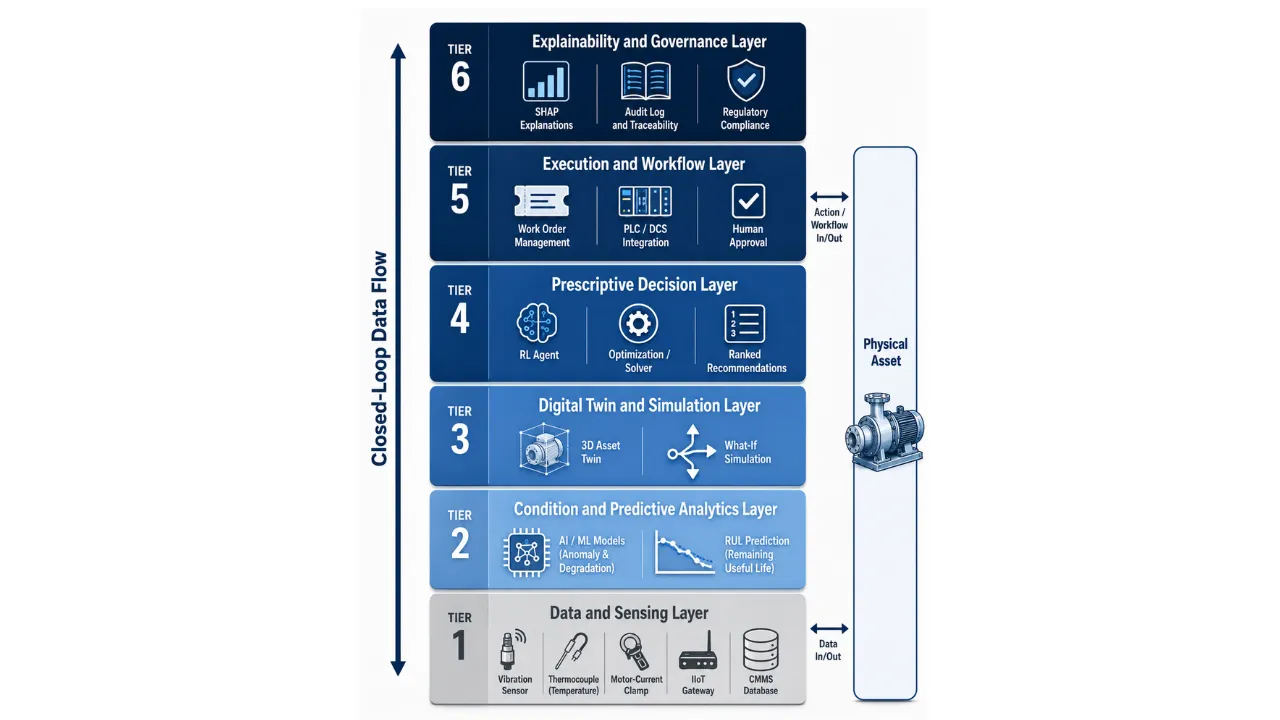 Six-layer industrial AI architecture showing the flow from sensor data collection through predictive analytics, digital twins, prescriptive decision-making, workflow execution, and governance, connected to a physical asset through continuous feedback loops.