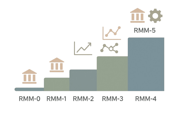 Horizontal staircase graphic showing RAG Maturity Model stages from RMM-0 to RMM-5 with icons for architecture, metrics, and governance on each step.