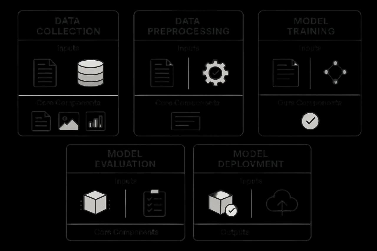 Five mini architecture cards representing each RMM stage, showing inputs, core components, and outputs.