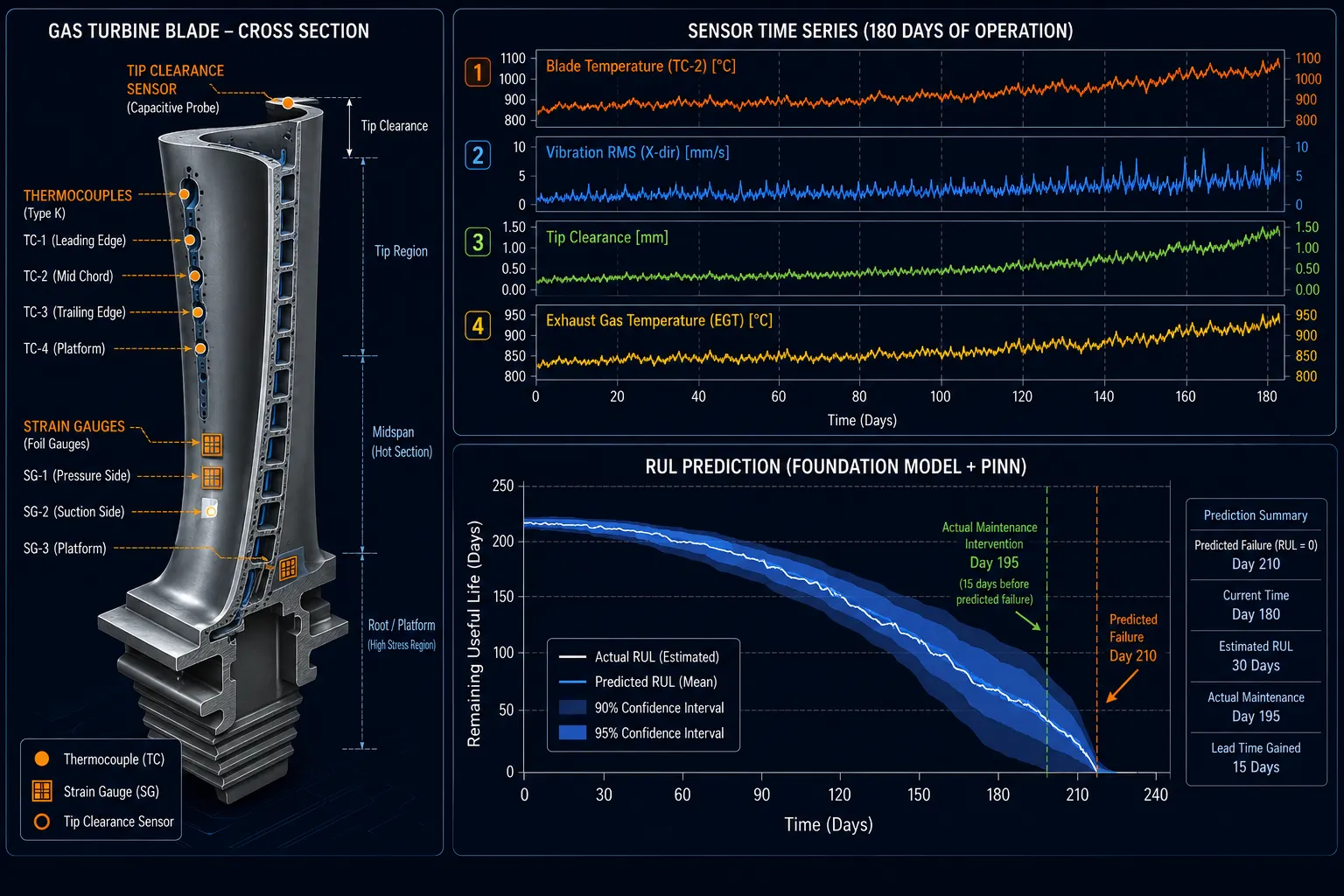Gas turbine blade cross-section with sensor locations, 180-day multi-sensor trends, and Foundation Model plus PINN RUL forecast showing maintenance intervention 15 days before predicted failure.