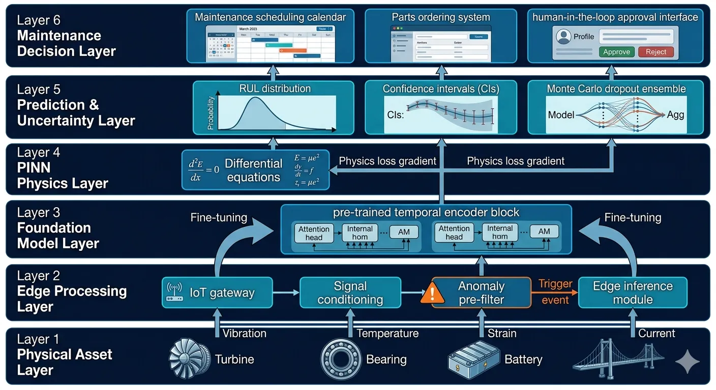 IEEE-style PINN architecture for bearing degradation prediction showing vibration input, temporal encoder, data-loss and physics-loss pathways with the Paris–Erdogan crack growth equation, composite loss optimization, and health index forecasting with RUL confidence intervals.