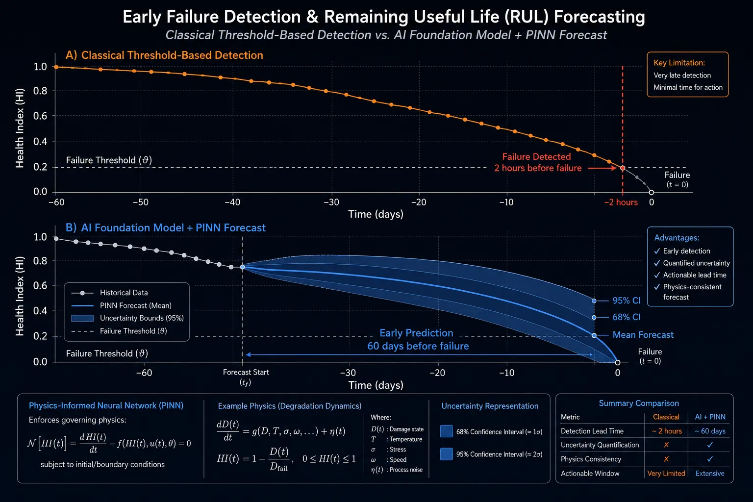 Scientific comparison chart showing classical threshold-based failure detection versus AI foundation model plus PINN forecasting, with degradation curves, uncertainty bounds, early failure prediction horizon, and physics-informed equations on a dark technical background.