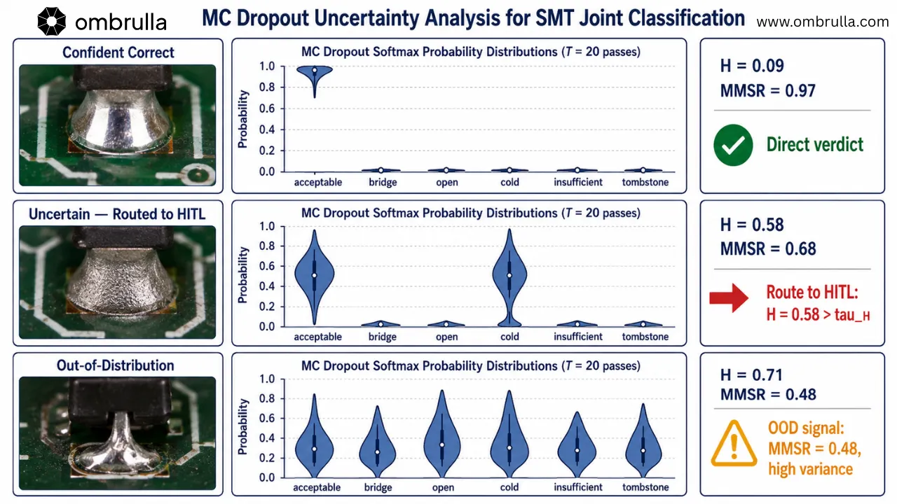 Three-row visualization showing MC Dropout predictive distributions: (Row 1) Confident correct classification—clean acceptable joint with tight violin plot near 1.0 on acceptable class, H=0.09, direct verdict; (Row 2) Uncertain borderline cold joint with spread distributions, H=0.58, routed to HITL; (Row 3) Out-of-distribution signal with low MMSR=0.48 and high variance across classes