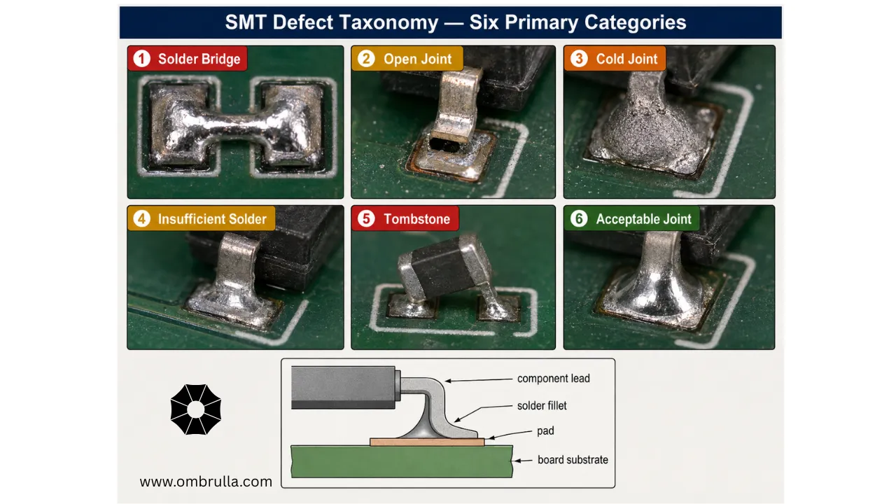 SMT solder joint defect taxonomy showing six primary categories in a 2×3 grid: solder bridge, open joint, cold joint, insufficient solder, tombstone, and acceptable joint, with cross-section schematic of a correctly formed solder fillet